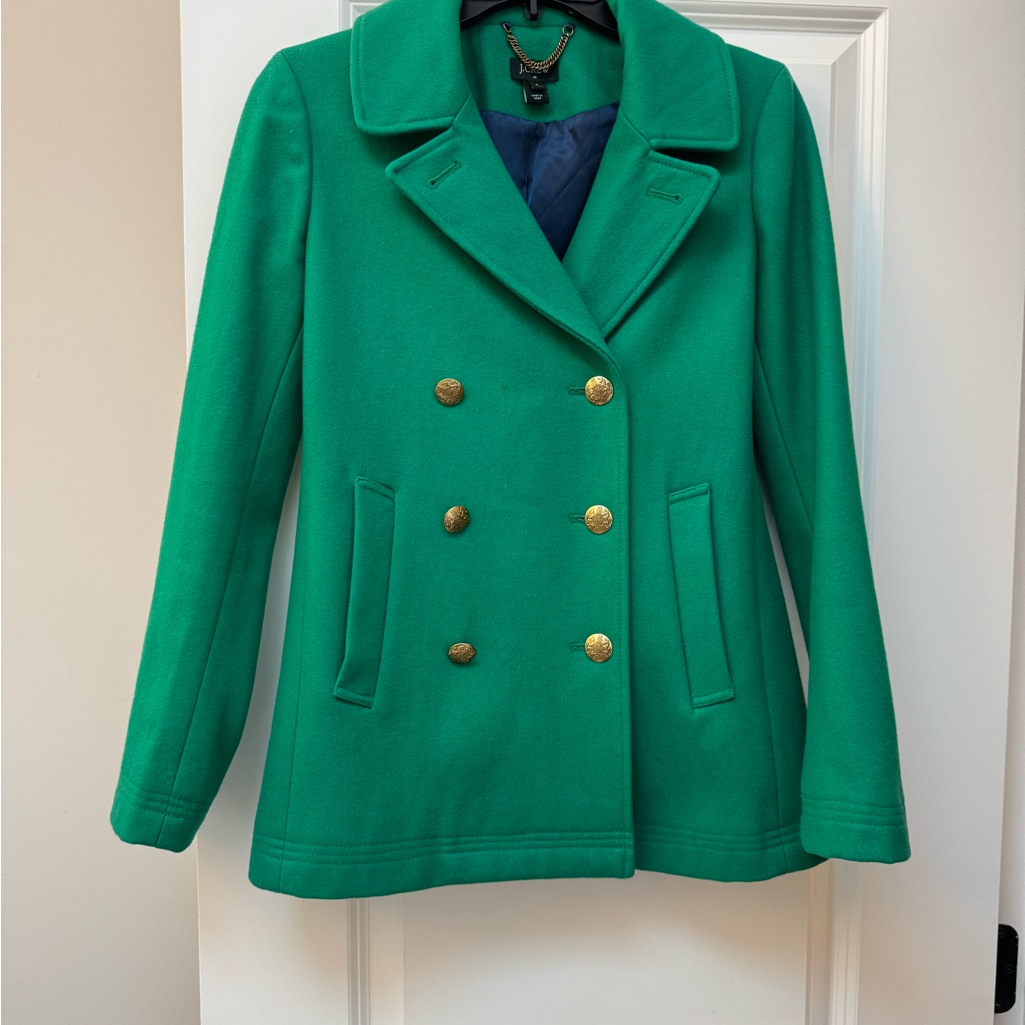 J. Crew Vibrant Green Pea Coat With Gold Buttons